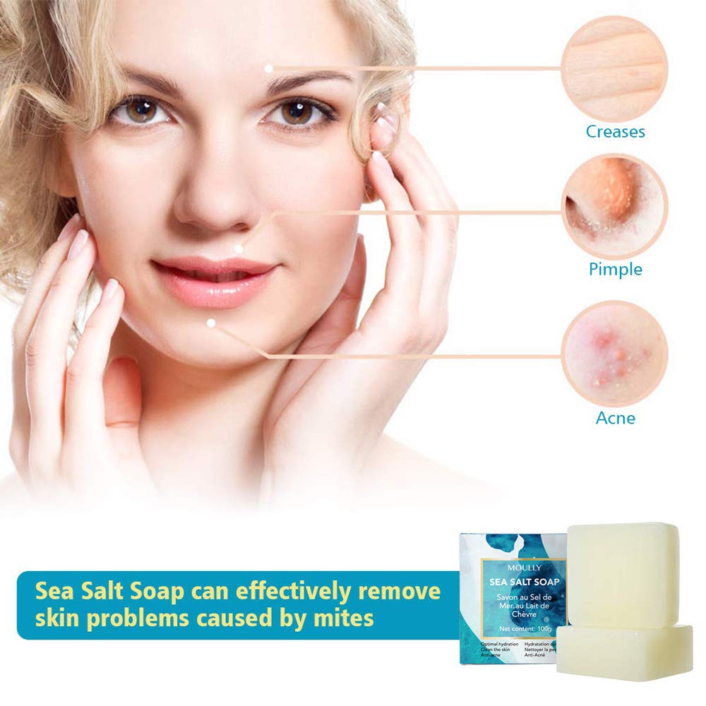 MOULLY Savon Lait de Chèvre, Savon au Sel de Mer Naturel Exfoliant, Anti Acné Cicatrices de Points Noirs et d’acné Savon Anti-Cellulite pour Soulager l'eczéma, Visage et Corps