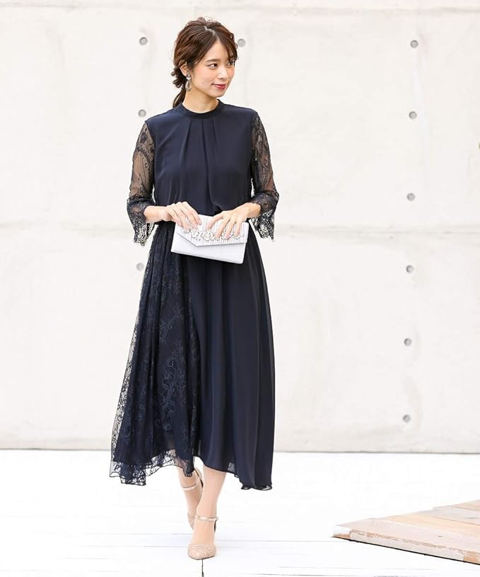全国組立設置無料 ドレス パーティー レディース スタンドカラー アシメ レース デザイン ワンピース 結婚式 二次会 お呼ばれ セミフォーマル対応 披露宴 謝恩会 同窓会 卒業式 パーティドレス 可愛い 大人 代 30代 40代 体形カバー ネイビー モカ 4l 5l ニッセン