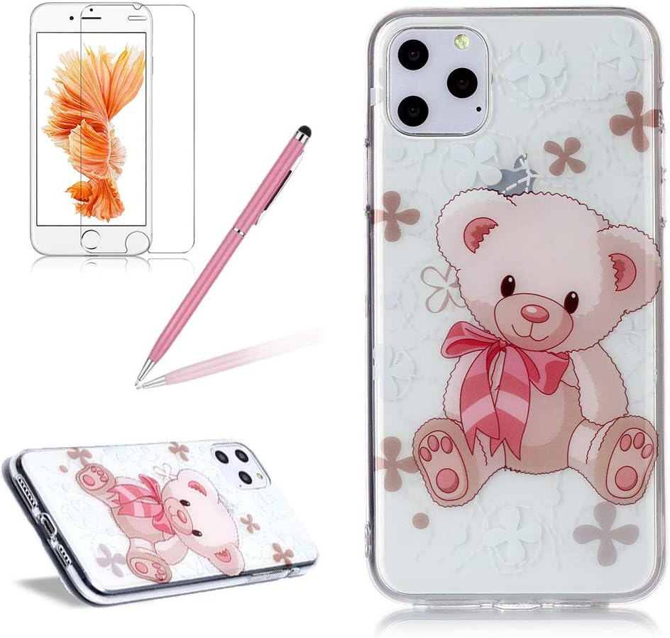 Silicone Gel Case for iPhone 11 Pro Max 6.5 Inch,Girlyard Colorful Pattern Cute Doll Bear Design Crystal Clear Ultra Slim Soft Rubber BumperTransparent Shockproof TPU Protective Phone Cover Skin