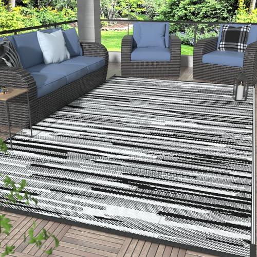 Image of GENIMO Outdoor Rug for Patio Clearance, 6'x9' Waterproof Camping Mat, Reversible Plastic Straw Rugs for RV, Camper, Balcony, Backyard, Picnic, Deck (Black White)