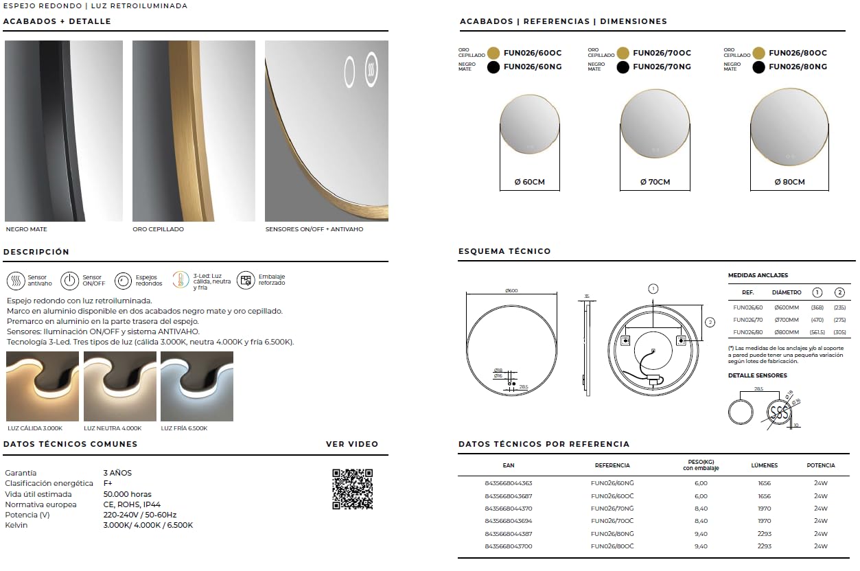 Mice - Espejo Redondo LED con Marco de Aluminio, Retroiluminado, Sensor On/Off, Anti-vaho, 3 Tonos de Luz - Espejo con luz de Maquillaje - Baño - Vestidor - Marco Negro Mate Ø70cm