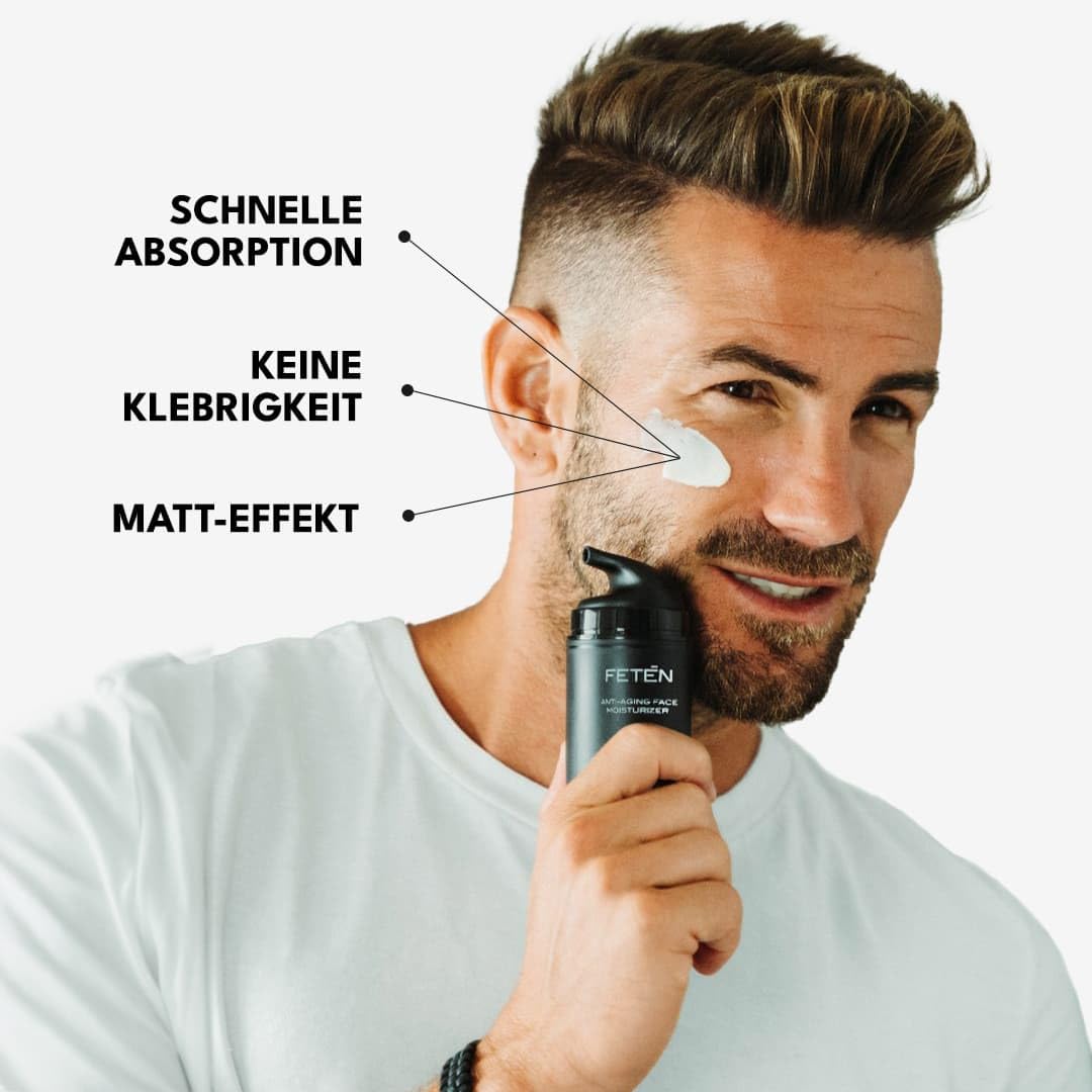 FETEN Skincare Geschenkset Männer - Anti-Aging Pflege Set mit Gesichtscreme Anti-Falten, Augencreme gegen Augenringe & Vitamin C Serum - Kosmetik & Gesichtspflege Männer