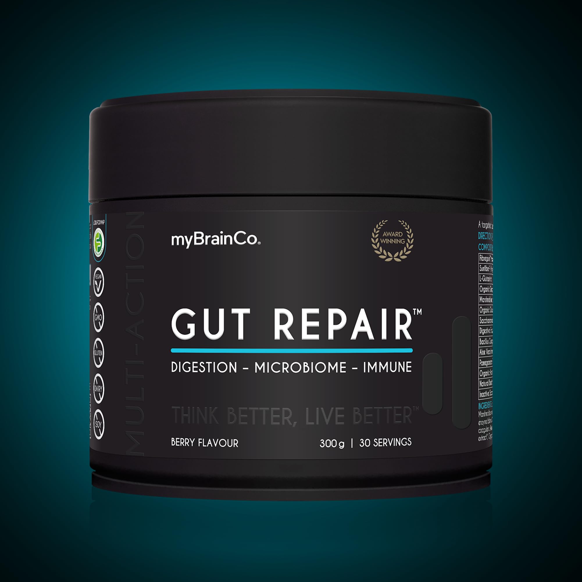 myBrainCo. Gut Repair – Gut Health & Digestion Support Powder for IBS, Bloating, Reflux & Leaky Gut – Low FODMAP Certified with Probiotics, Prebiotics, Enzymes & Glutamine – 300g