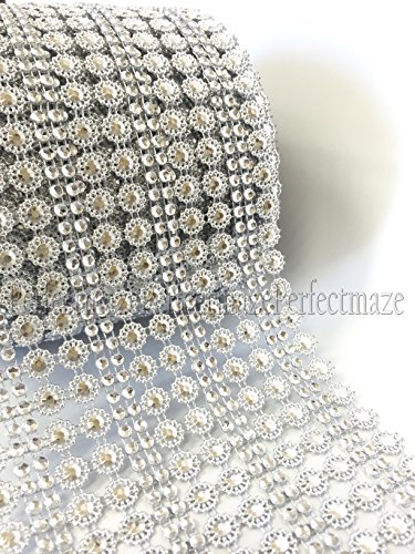 Perfectmaze 10 Yards (30 Feet) Diamond/Flower/Pearl Mesh Rhinestone Ribbon Wrap for Wedding, Party, and Events Decoration (Vintage, Silver)