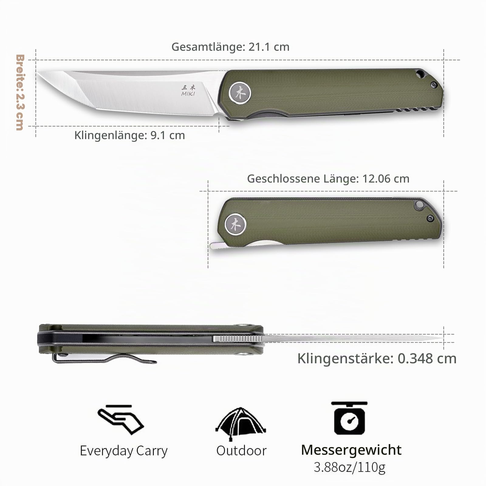 Miki Folding Knife, Sharp D2 Steel Blade, Green G10 Handle, Pocket Samurai Knives with Pocket Clip, Outdoor Knife for Camping & Survival, Gifts for Men