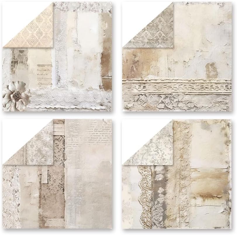 Soft Cream Lace Scrapbook Paper 24 Sheets Pattern Paper Double Sided Printing for DIY Card Making Scrapbook Wedding Photo Album Home Décor-12 x 12 Inches