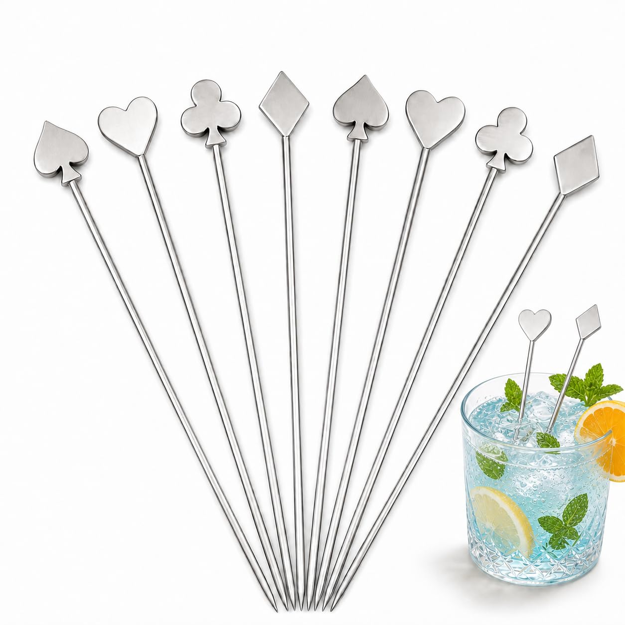 8Pcs Stainless Steel Poker Cocktail Sticks, Cute Unique Fruit Skewers for Drinks Cocktails, Parties, Barbecue Snacks, Beverages, Barbecue