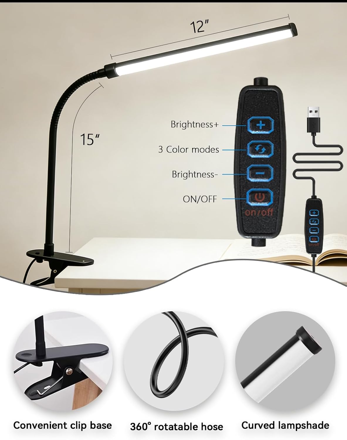 Set of 2 LED Desk Lamp with Clamp for Office Home, Clip on Table Light Bar, Monitor Light Bar Curved, Drawing Desk, Work from Home Reading Light, Reading, Study, Workbench Dormitory