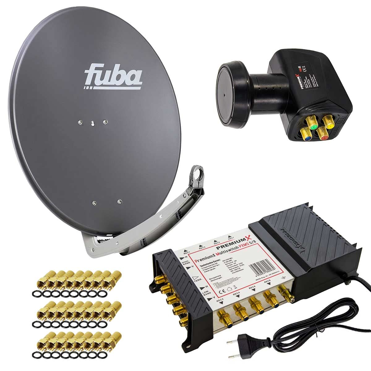 PremiumX Satelliten-Komplettanlage Fuba DAA 780 A Satellitenschüssel Alu Anthrazit 5/8 Multischalter Quattro LNB 24x F-Stecker, 1 SAT 8 Teilnehmer