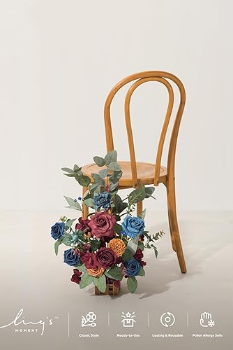 Miniatura 2 de Ling's Moment Camino de pasillo de otoño, arreglo de flores, decoración para silla de boda, 4 piezas, flores falsas artificiales, borgoña y rosa