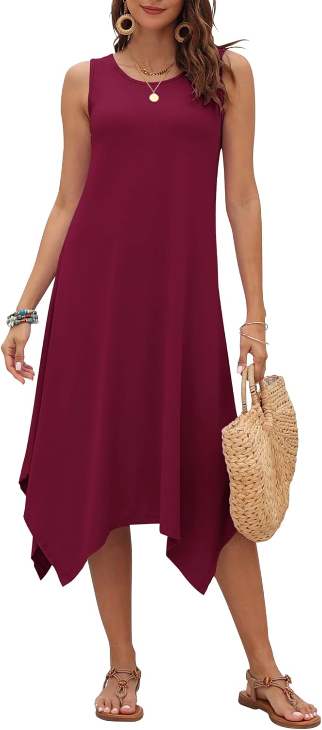 AUSELILY Women's Summer Dresses 2026 Casual Sleeveless Sundress Asymmetrical Hem Midi Tank Beach Dress with Pockets - Image 2