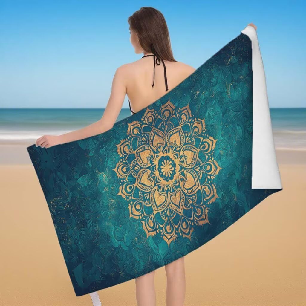 Strandtuch XXL 220x100cm/35x70cm 2er Set Mikrofaser Strandtuch, Schnelltrocknend Strandliege Kompakt Sandfrei Saunahandtuch mit Tasche, Mikrofaser Handtuch für Strand Reise Urlaub (Mandala) H-45