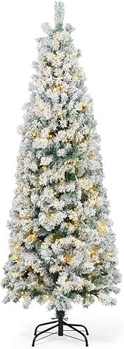 CAPHAUS Árbol de Navidad artificial preiluminado de 7.5 pies con 980 puntas de ramas prearticuladas y soporte plegable, árbol de Navidad delgado