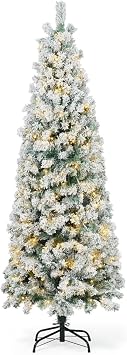 CAPHAUS 6 Feet Pre-lit Artificial Snow Flocked Christmas Pencil Tree w/ 618 Pre-Hinged Branch Tips & Foldable Stand, Fake Slim Christmas Tree for Indoor, Pencil Christmas Tree w/ 250 LED Lights