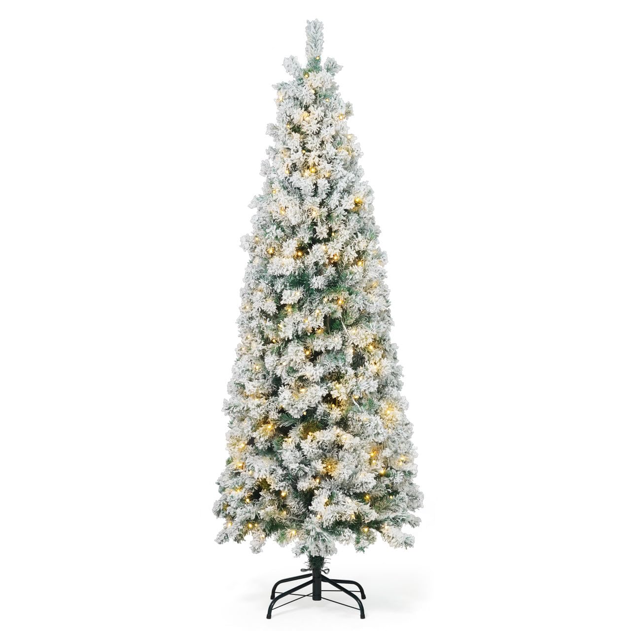 CAPHAUS 6 Feet Pre-lit Artificial Snow Flocked Christmas Pencil Tree w/ 618 Pre-Hinged Branch Tips & Foldable Stand, Fake Slim Christmas Tree for Indoor, Pencil Christmas Tree w/ 250 LED Lights