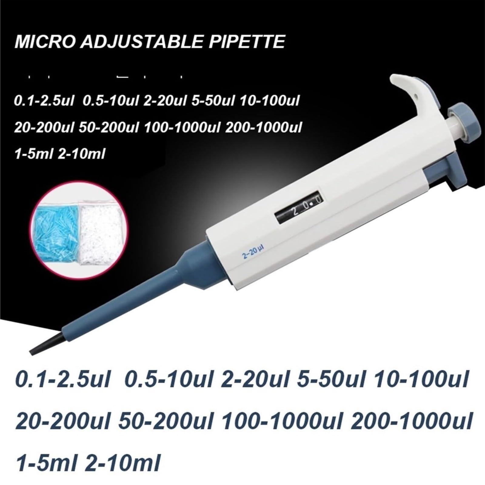 Pipeta Micropipeta De Laboratorio, Pipeta Automática Plástico, Equipo Química Digital Ajustable Con Puntas para laboratorio(5-50ul)