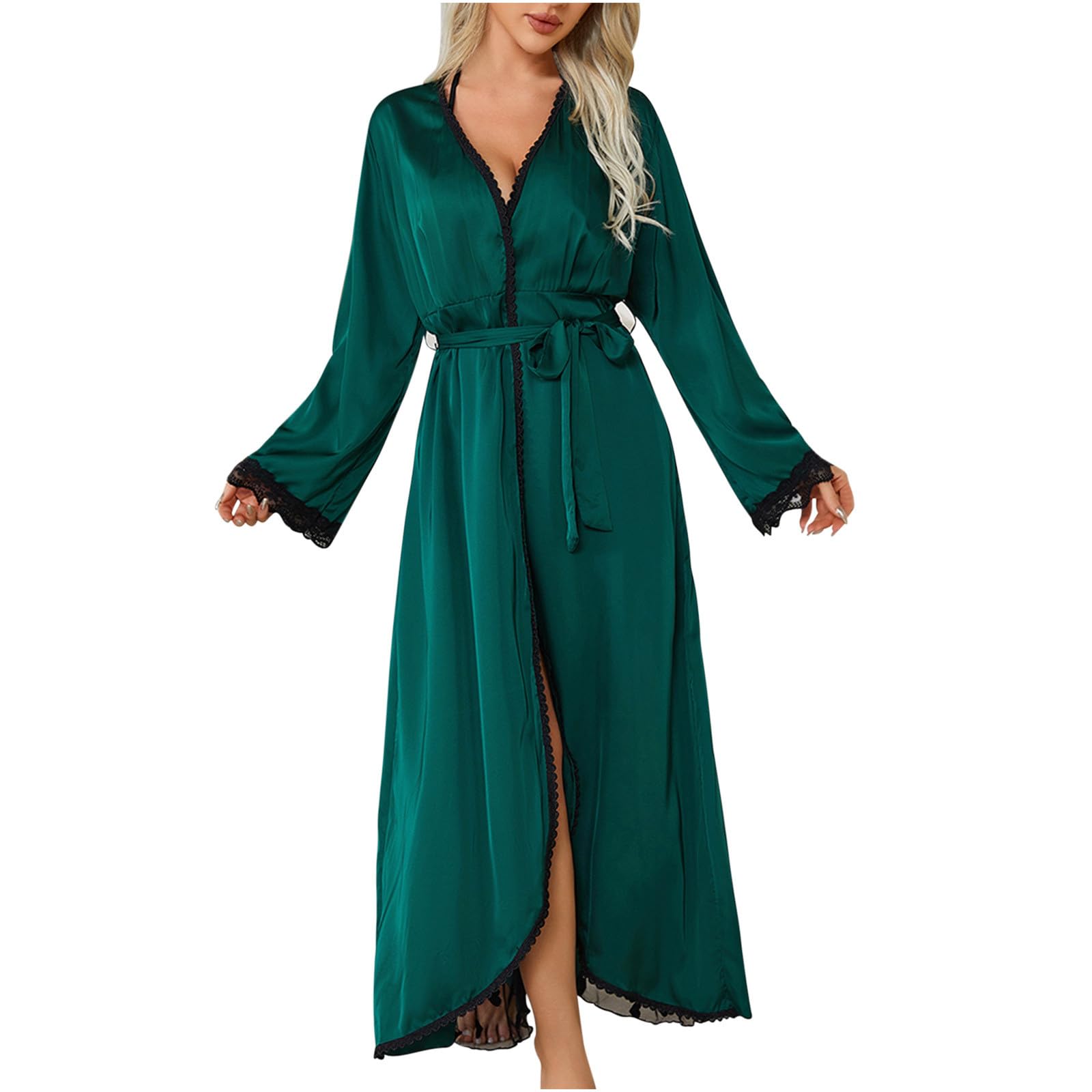 Womens Long Silky Kimono Robes Long Sleeve Mesh Splicing Bridesmaid Wedding Robes Sexy Elegant Comfy Ladies Bathrobes