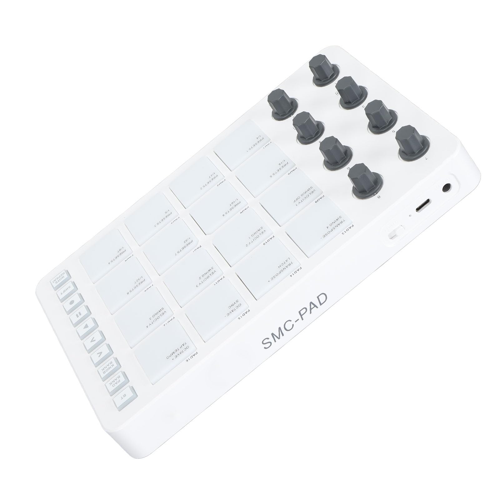 Controlador MIDI inalámbrico con 16 pads de batería RGB y 8 perillas giratorias, compatible con DAWs populares, ideal para producción musical móvil y fabricación de ritmos portátil