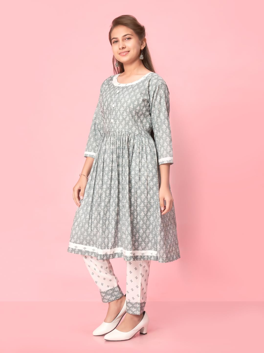 Aarika Girl's Cotton Kurti Pant Set (New_Kp-K-481_Grey-White