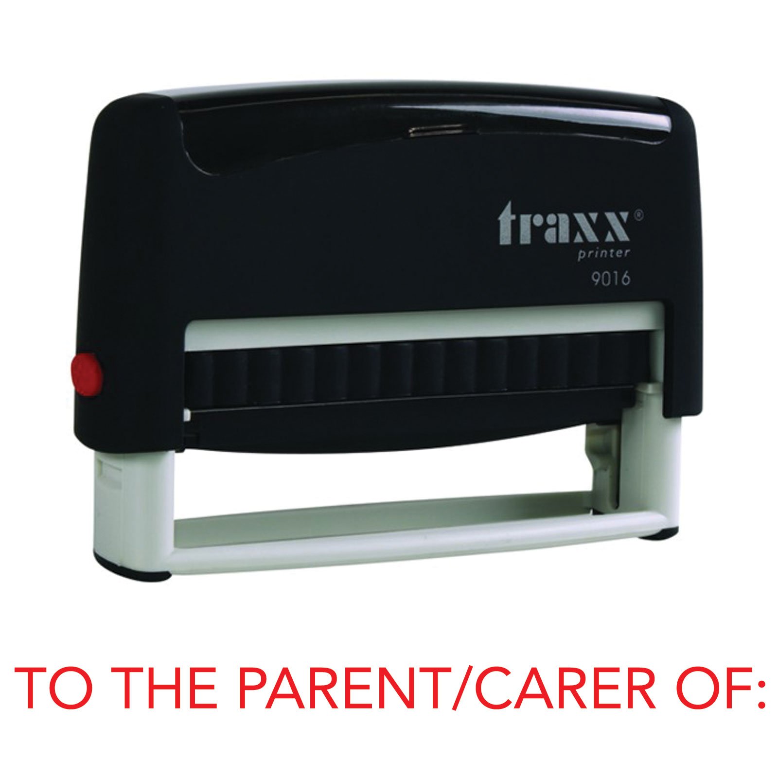Traxx 9016 70 x 10mm - Stock Self-Inking School Rubber Stamp - to The Parent/Carer of Stamp in Red Ink — image 1