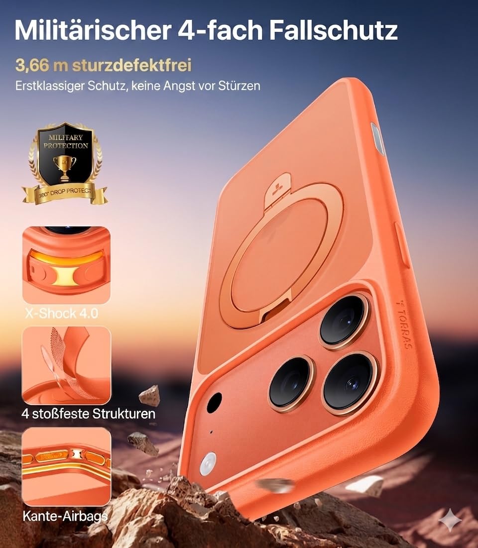 TORRAS Ostand Q1 für iPhone 17 Pro Hülle mit MagSafe und Ständer, Orange | Flache Haptik, Case & Handyhülle für iPhone 17 Pro mit 19 N Magnetkraft, drehbarem Ständer und Militärstandard-Fallschutz