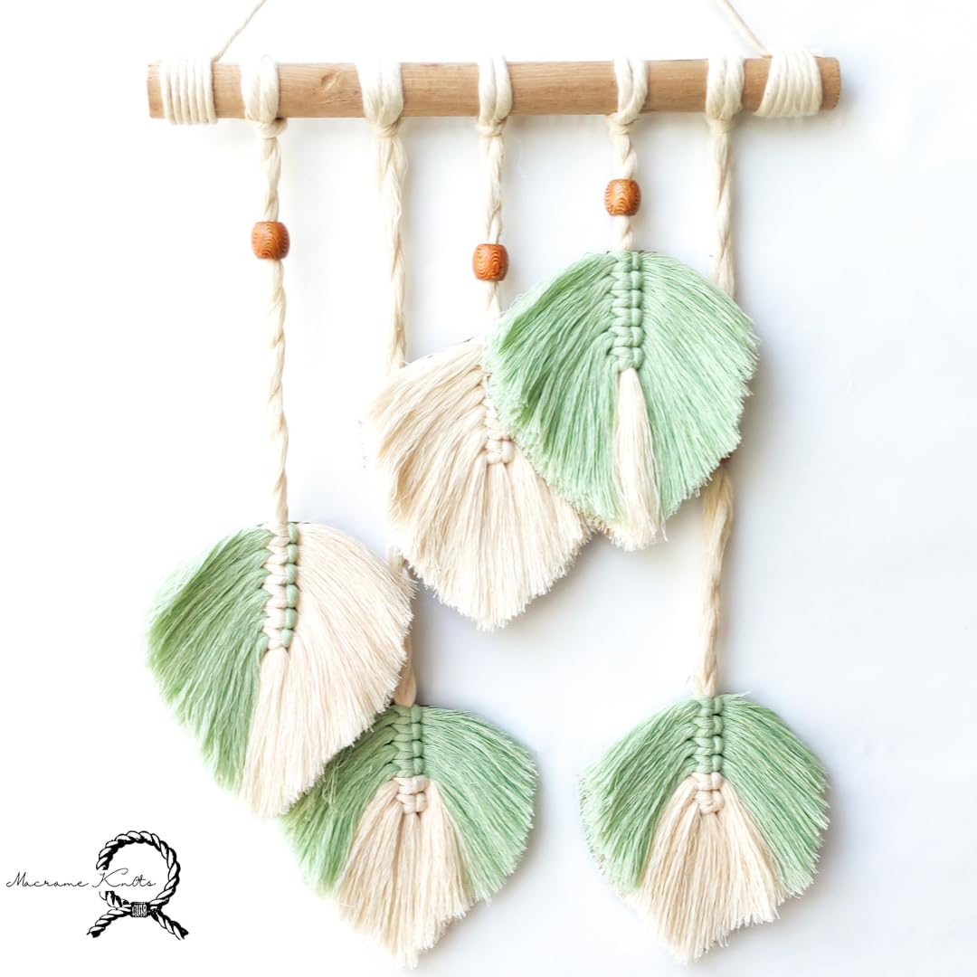 Macrame Kn0ts Leaves Macrame Wall Hanging Boho Feather Wall Decor Large Leaf Yarn Wall Hanging Tapestry Handmade Woven Wall Art for Bedroom Nursery Home Decor (Mint Greencolor)