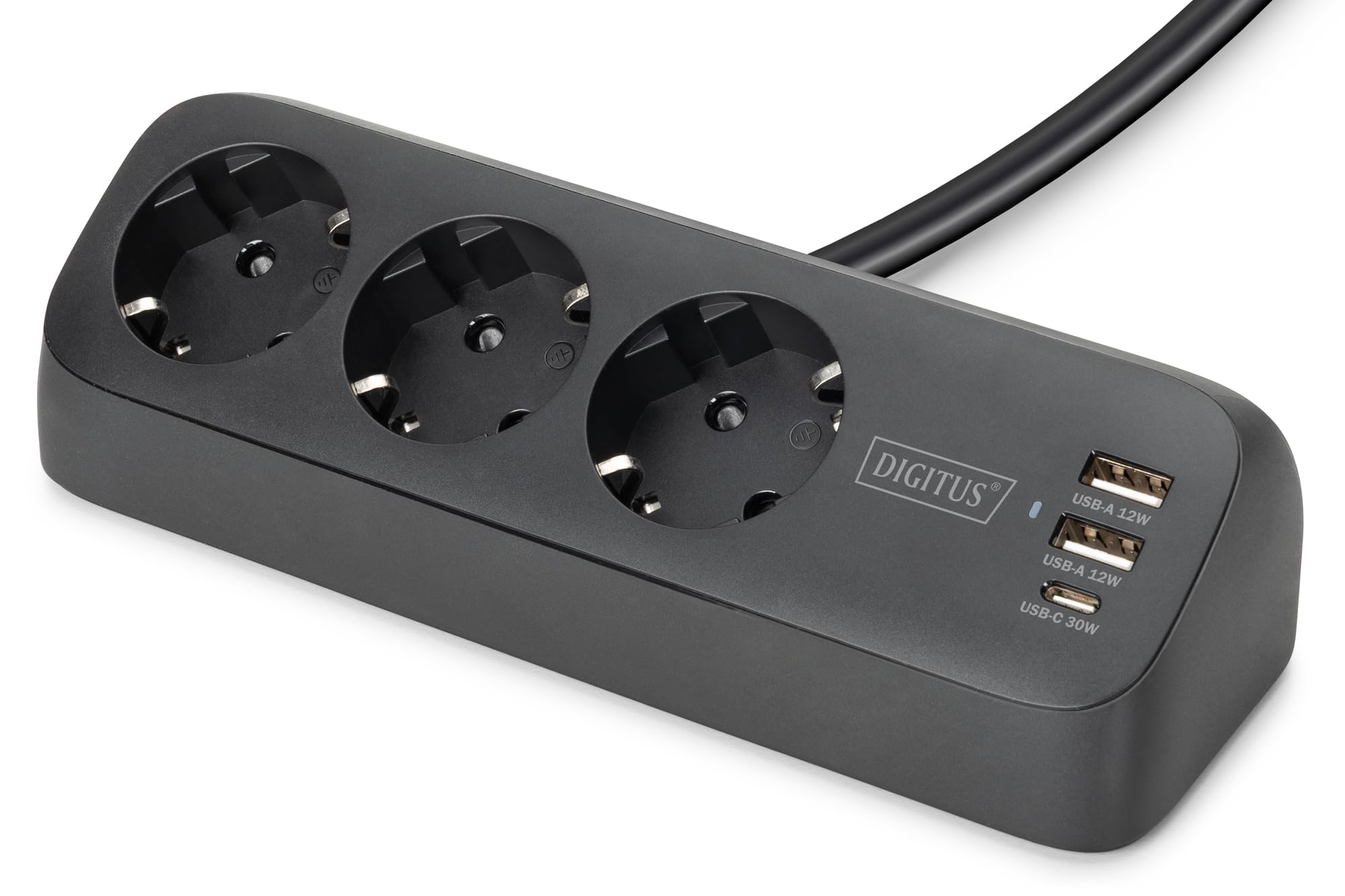 DIGITUS Regleta con USB – 2X USB-A, 1x Tipo C – 3X Toma de Corriente con Contacto de protección – Protección contra Cortocircuitos y sobretensiones – Fijación con Abrazadera para mesas – Negro