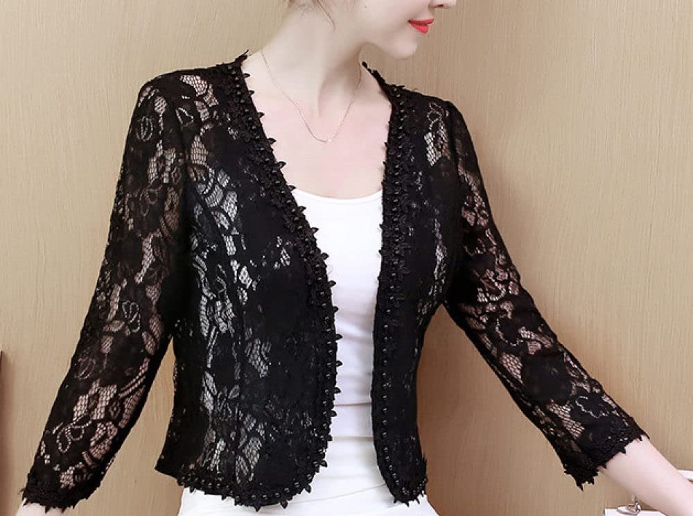 Strandtunika,Damen Schwarze Spitze Nachahmungsperlen Shrug Tops Elegante 3 4 Ärmel Strickjacke Vorne Offen Cropped Tops Schulterjacke Schiere Bolero Lässige Abendjacke Vertuschungen Für Kleidfrauen
