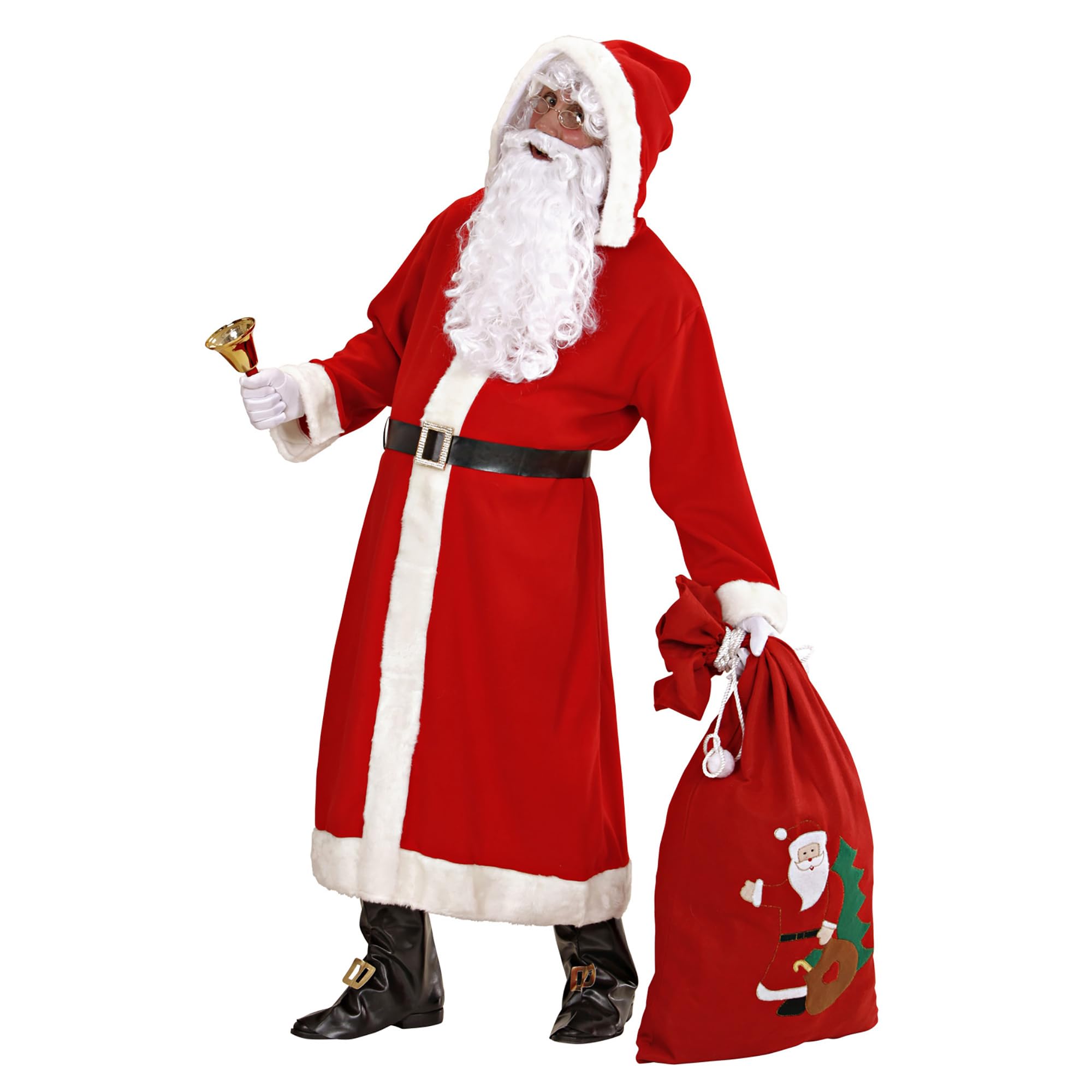 W WIDMANN MILANO Party Fashion - 1544V - kostium Ojca Bożego Narodzenia, 6 części, płaszcz z kapturem, pasek, nakładki na buty, peruka, broda z wąsami i brwiami, przebranie na Boże Narodzenie