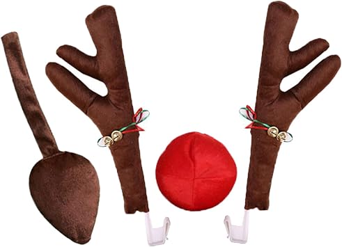 Car Decoration Christmas Antlers, Nose & Tail - Auto Reindeer Antlers Vehicle Christmas Decorations Kit with Jingle Bells