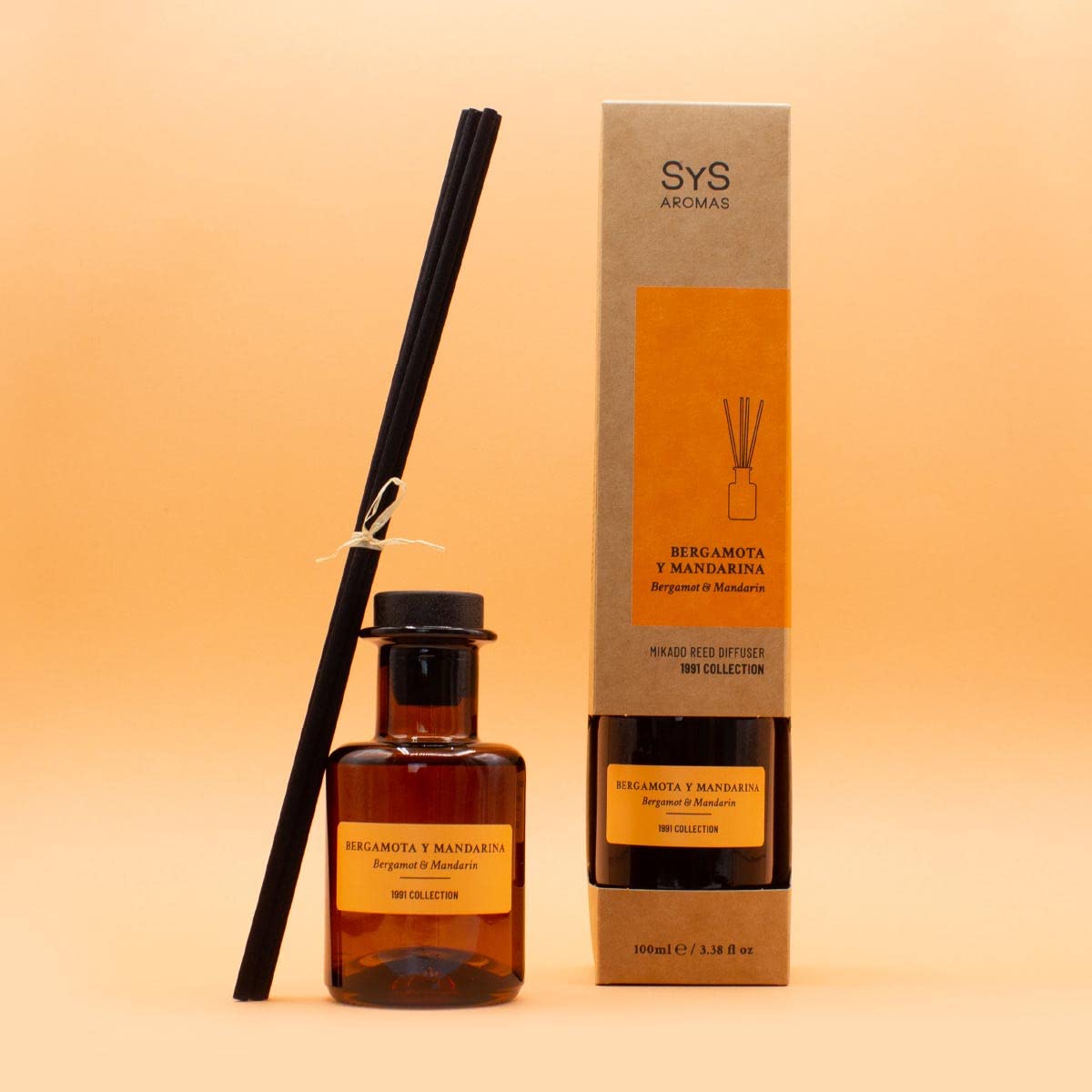 SYS Aromas Ambientador Mikado Bergamota y Mandarina 1991 - Difusor con Varillas de Ratán - Aroma Cítrico y Herbal - Larga Duración - Ideal para Hogar, Oficina, Baño - 100 ml con 5 Varillas