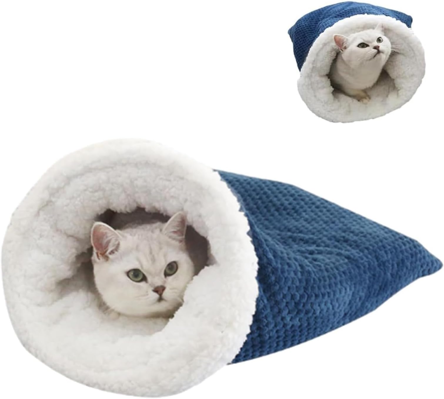 Cat Winter Sleeping Bag - Soft Plush Cat Bed Cave, Large Pet Sleeping Sack 360 Wrap for Comfort, Warm Cat Snuggle Sack for Cats up to 6kg - Cozy Bed for Small Pets (Dark Bule)