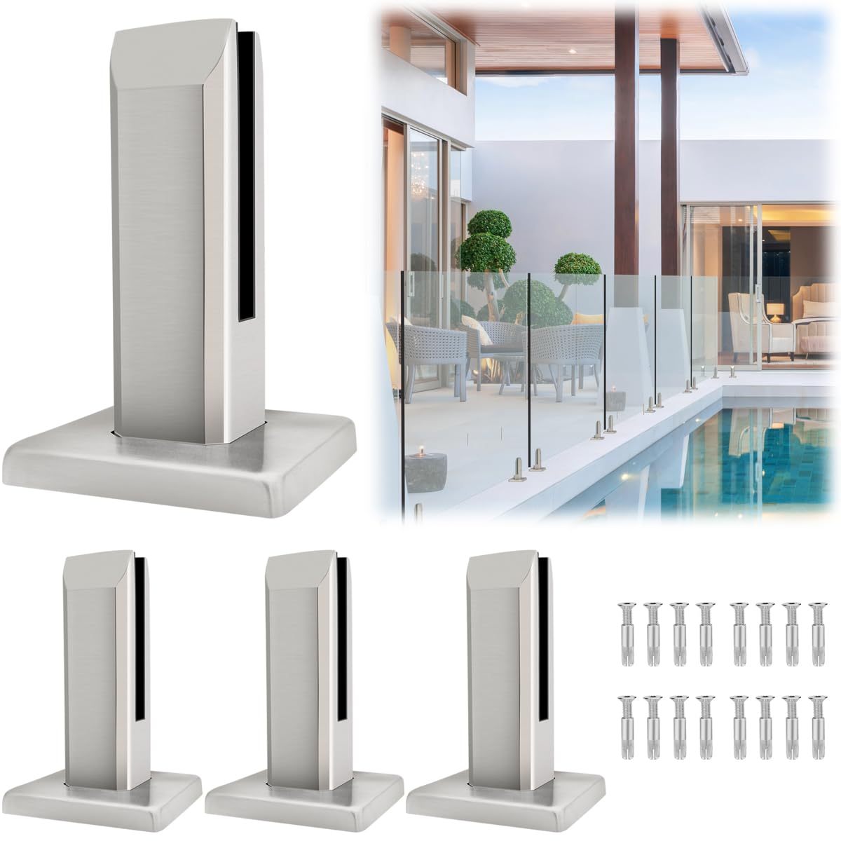 LukLoy 4 Pack 2.1lb T304 Stainless Steel Square Glass Railing Spigots Heavy Duty Frameless Clamp Bracket for Pool Fence Deck Balusters