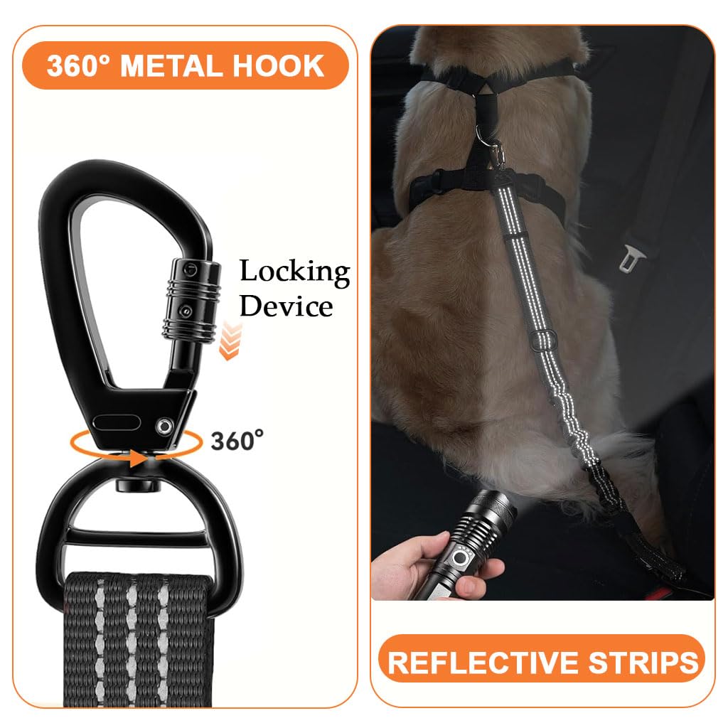 STHIRA® 2Pcs Dog Safety Harness for Car 3-in-1 Dog Leash Bungee Reflective Restraint Strap for Car Back Seat, Dog Harness with 360 ° Swivel Screwgate Carabiner, Quick Release Clip Tongue 2