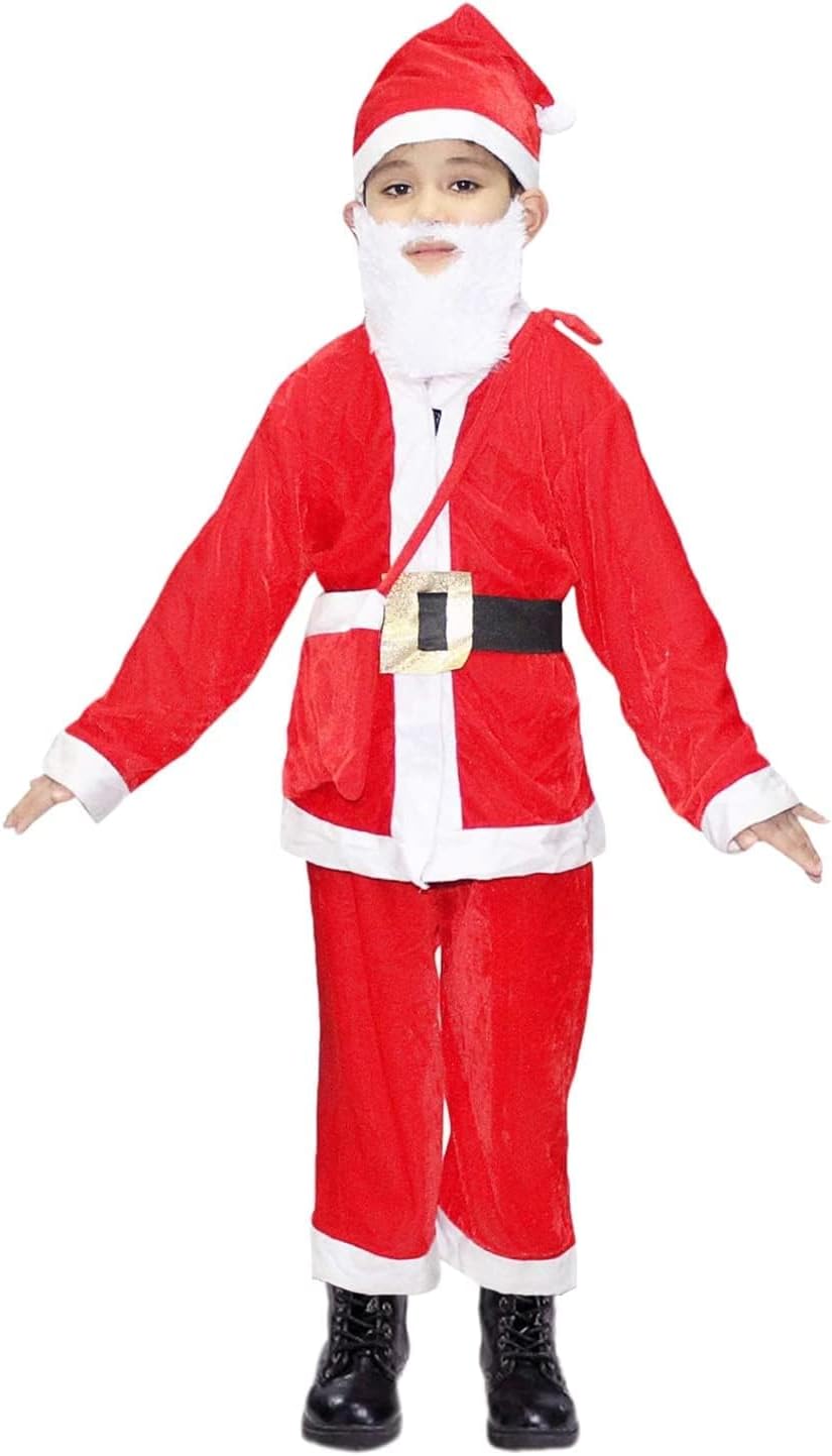 Santa Claus Costume for Kids & Adults | Velvet Christmas Dress with Cap, Belt & Beard | Santa Suit for Xmas Party, School Function, Fancy Dress Competition