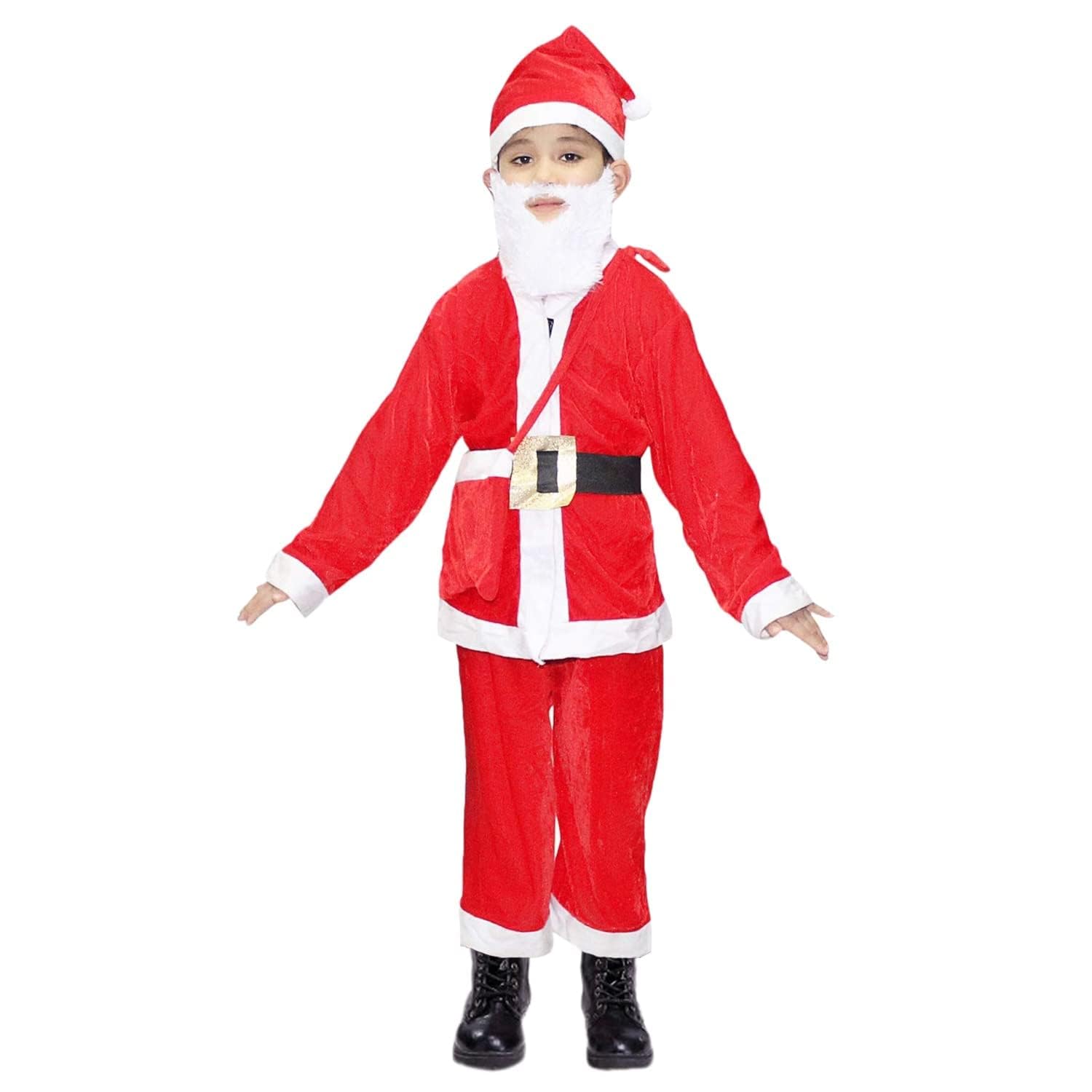 Santa Claus Costume for Kids & Adults | Velvet Christmas Dress with Cap, Belt & Beard | Santa Suit for Xmas Party, School Function, Fancy Dress Competition