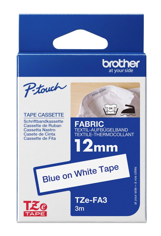 Brother TZe-FA3 | Ruban original Textile Thermocollant |12 mm | Bleu sur fond Blanc | 3M