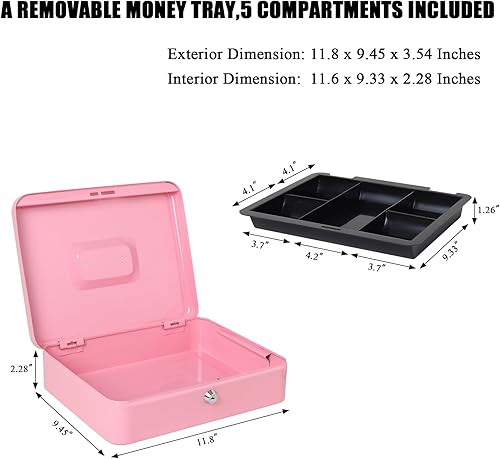 Miniatura 3 de Jssmst Caja grande con cerradura de llave, caja de metal duradera con bandeja para dinero, 11.81 x 9.84 x 3.46 pulgadas (XL, rosa)