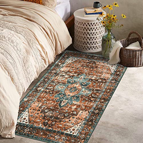 Moynesa Ultra-Thin Washable Vintage Area Rug - 3x5 Boho Non-Slip Entryway Rug Oriental Medallion Living Room Rug Entrance Mat Carpet for Kitchen Laundry Bathroom Bedroom, Brick Red/Dull Teal