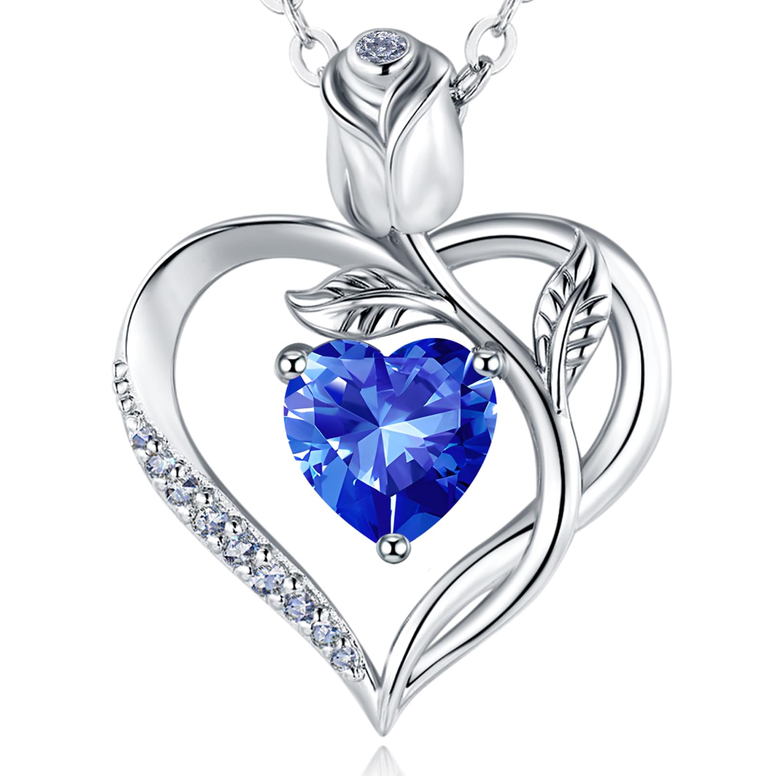 1.2CT Rose Heart Necklace Option of Moissanite or Lab-Grown Sapphire Ruby Emerald&More Necklace for Women Birthstone Girlfriend Necklace S925 Sterling Silver 18K White/Rose Gold Plated D Color VVS1 Gift for Wife Mother Daughter for Birthday Anniversary Valentine's Day Engraved 'I LOVE YOU'