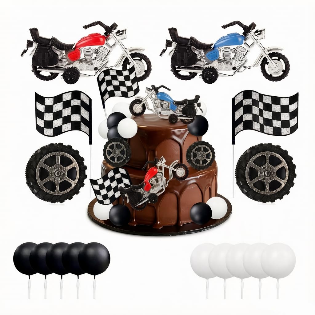 16Pcs Motorcycle Cake Toppers Set, Racing Motorbike Cake Decorations, Checkered Flag Tire Ball Cupcake Picks for Racing Themed Birthday Party Cakes Decor