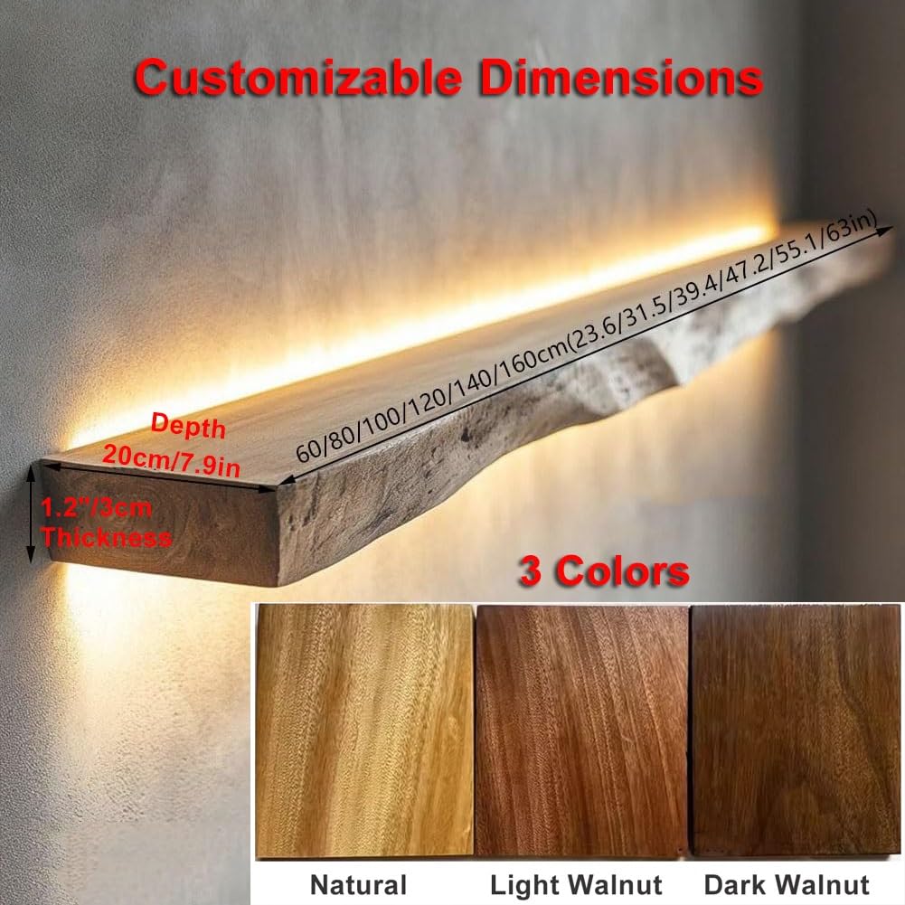 Estantes flotantes de pared con LED, Estante de pared de madera con luz