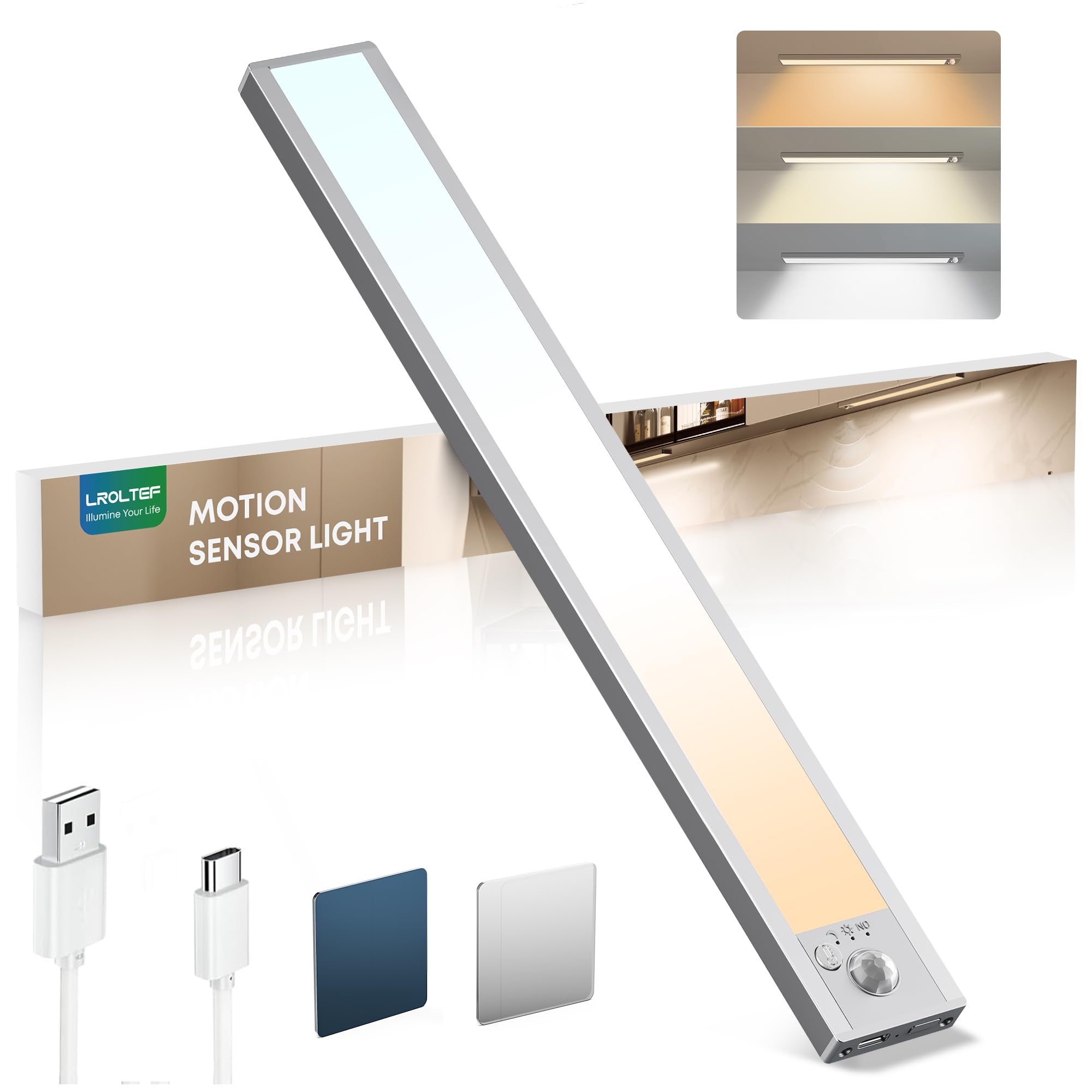 Schrankbeleuchtung Led Lampe mit Bewegungsmelder - 40cm 2200mAh 6500K 4000K 3000K Dimmbar Schranklicht Unterbauleuchte Küche Licht Leiste Aufladbar - Treppenlicht Vitrinenbeleuchtung | 1 Stück