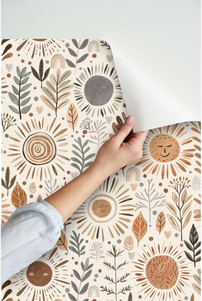 Peel & Stick Wallpaper 9ft x 2ft - Boho Winter Sun Neutral Floral Earth Tones Botanical Bohemian Witchy Whimsical Cute Custom Removable Wallpaper by Spoonflower