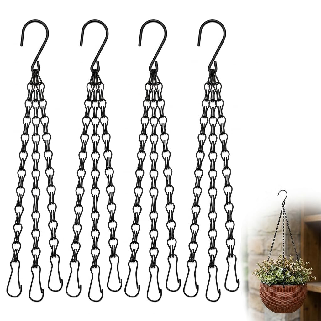 SouStar Black Heavy Duty Hanging Basket Chains 4pcs, 40.5cm (16") Metal Replacement Chains with 3-Point Hooks, for Hanging Garden Flower Pots, Planters, Bird Feeders, Lanterns & Ornaments
