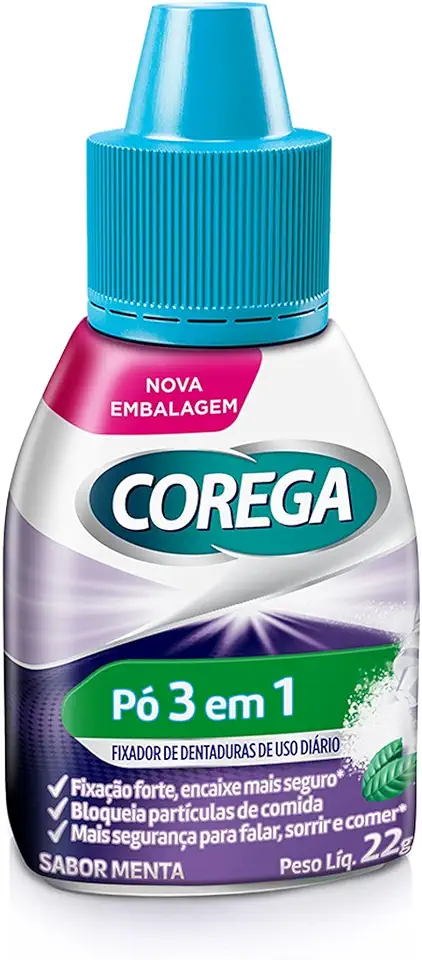 Corega Pó Fixador de Dentadura 3 em 1, Forte Fixação, Segurança e Bloqueio de Partículas, Sabor Menta, 22g