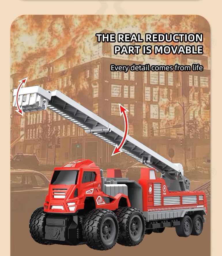 Image of Friction Powered Fire Rescue Transport Truck for Kids Boys Girls Die cast Alloy Fire Truck with Rotating Ladder Crane Toy Pull Back Vehicle (Pack of 1, Multicolor)