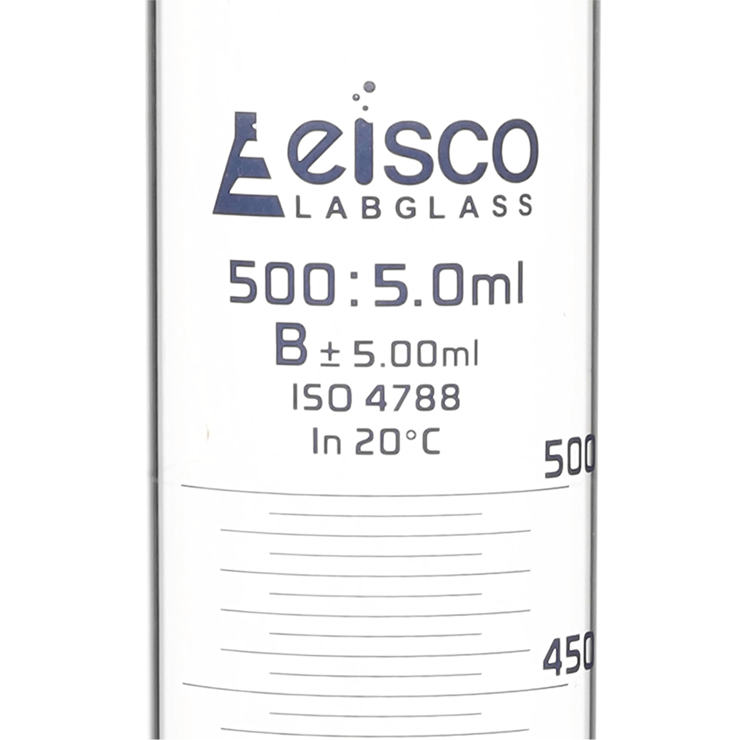 Cilindro di misurazione, 500 ml, classe B, tolleranza: ± 5,0 ml, vetro borosilicato, blu graduazioni - base rotonda - Eisco Labs