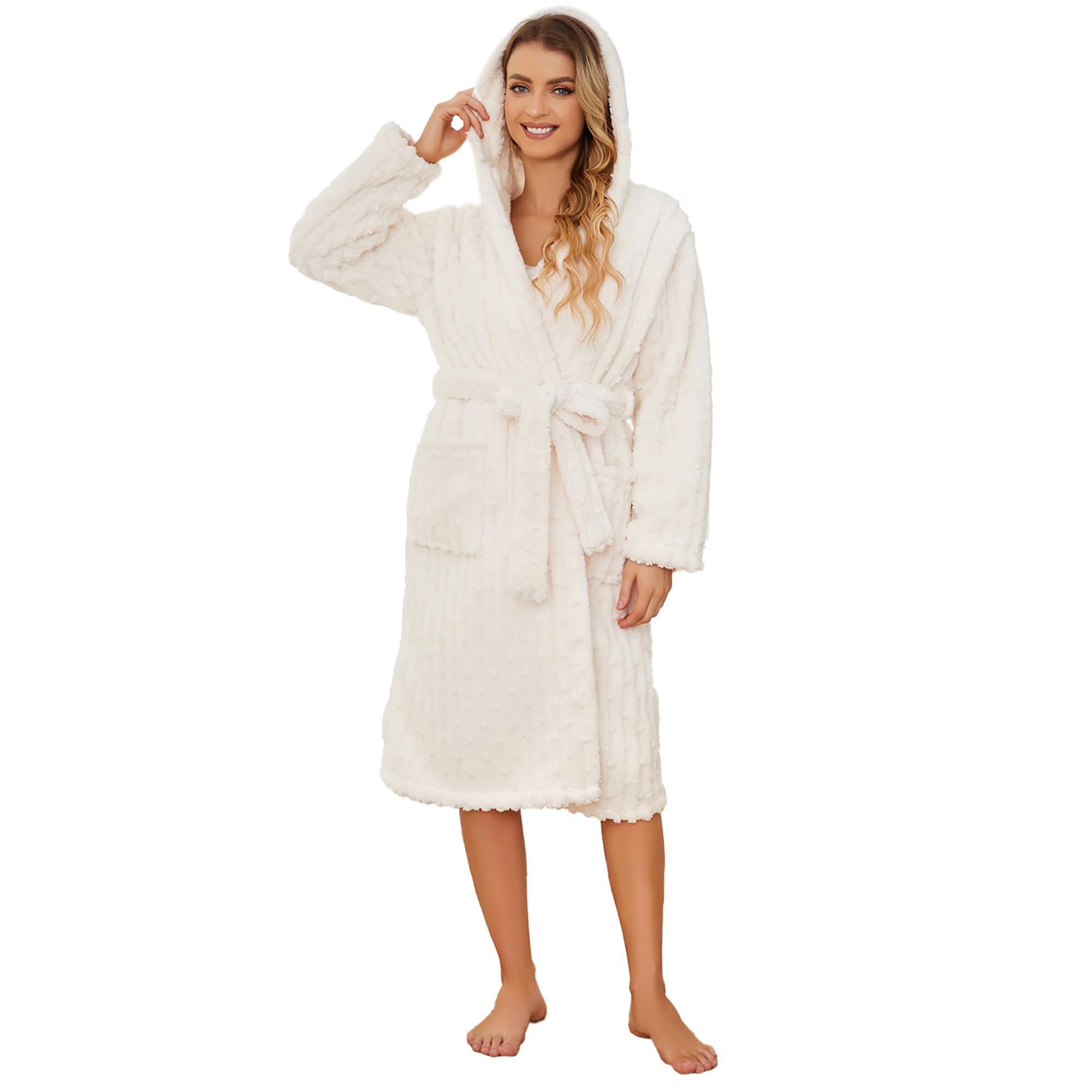 HEARTNICE Fuzzy Soft Robes for Women, Long Plush Hooded Robe Fluffy Warm Bathrobes, Off-white, Small-Medium