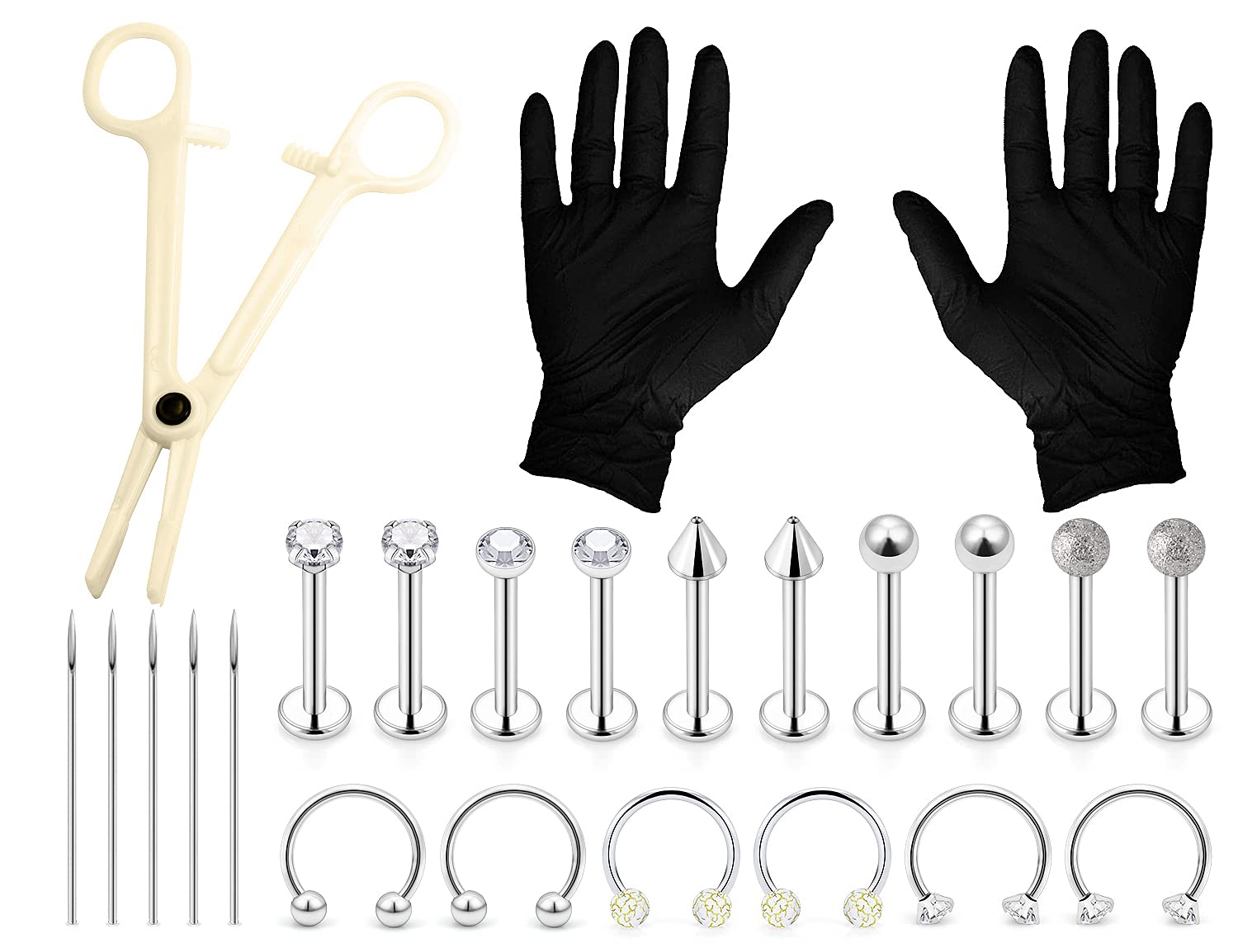 Heienngy 23PCS PRO Piercing Kit 16G Lips Rings Studs 16G Horseshoe Ring Piercing Set Septum Jewelry Helix Piercing Jewelry Tragus Piercing Medusa Labret Monroe Madonna Lip Rings For Women Men Jewelry